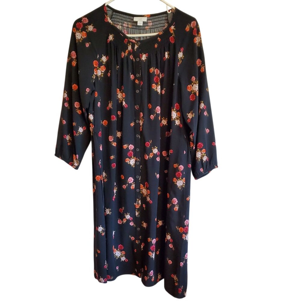 J Jill Prairie Farm Black Floral Button Up Midi Dress Medium